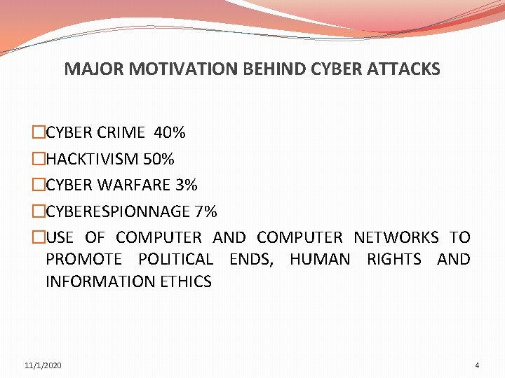 MAJOR MOTIVATION BEHIND CYBER ATTACKS �CYBER CRIME 40% �HACKTIVISM 50% �CYBER WARFARE 3% �CYBERESPIONNAGE