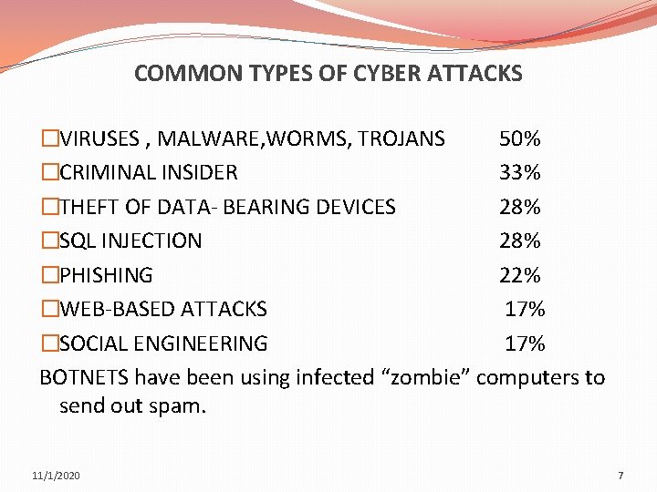 COMMON TYPES OF CYBER ATTACKS �VIRUSES , MALWARE, WORMS, TROJANS 50% �CRIMINAL INSIDER 33%