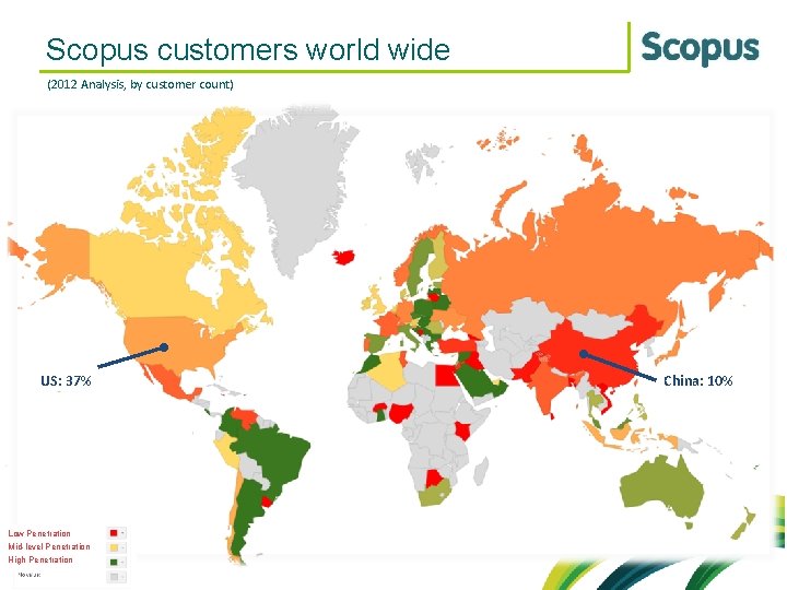 Scopus customers world wide (2012 Analysis, by customer count) US: 37% Low Penetration Mid-level