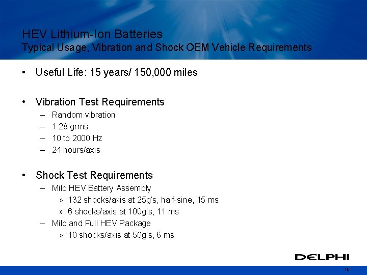 HEV Lithium-Ion Batteries Typical Usage, Vibration and Shock OEM Vehicle Requirements • Useful Life: