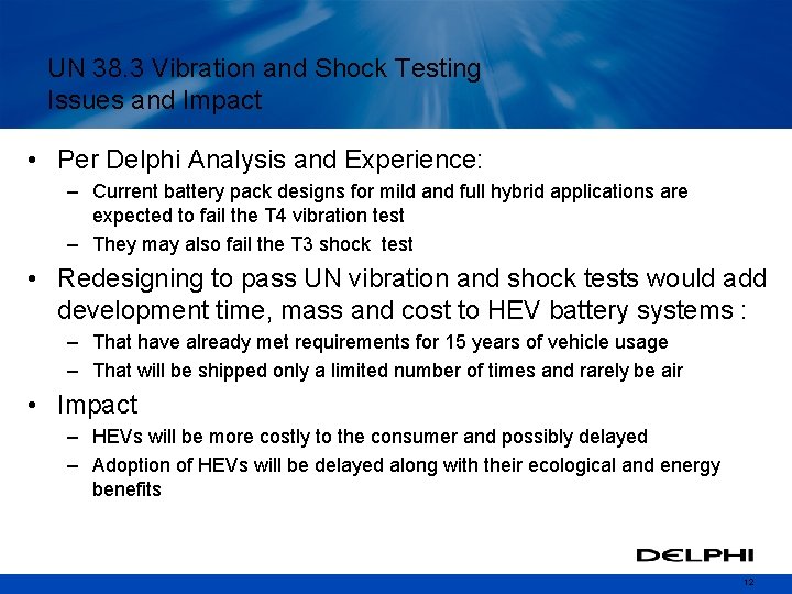 UN 38. 3 Vibration and Shock Testing Issues and Impact • Per Delphi Analysis