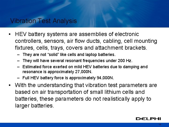 Vibration Test Analysis • HEV battery systems are assemblies of electronic controllers, sensors, air