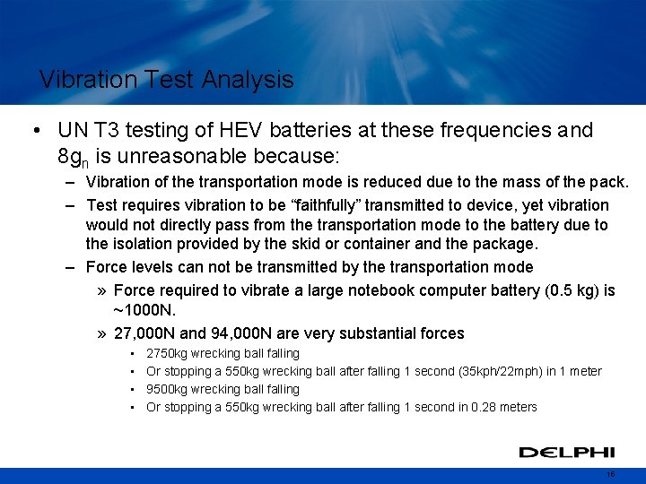 Vibration Test Analysis • UN T 3 testing of HEV batteries at these frequencies