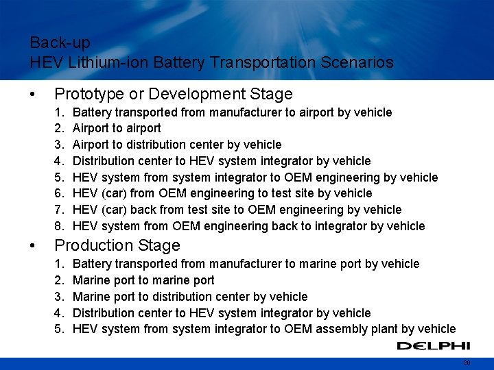 Back-up HEV Lithium-ion Battery Transportation Scenarios • Prototype or Development Stage 1. 2. 3.