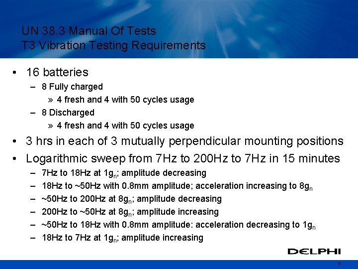 UN 38. 3 Manual Of Tests T 3 Vibration Testing Requirements • 16 batteries