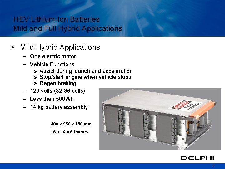 HEV Lithium-Ion Batteries Mild and Full Hybrid Applications • Mild Hybrid Applications – One