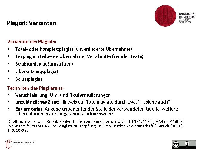 Plagiat: Varianten des Plagiats: Total- oder Komplettplagiat (unveränderte Übernahme) Teilplagiat (teilweise Übernahme, Verschnitte fremder