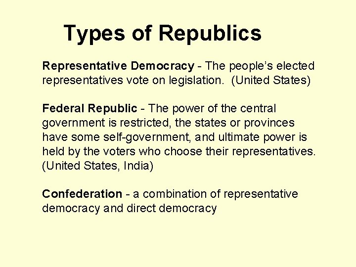 Types of Republics Representative Democracy - The people’s elected representatives vote on legislation. (United