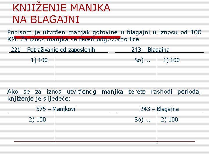 KNJIŽENJE MANJKA NА BLAGAJNI Popisom je utvrđen manjak gotovine u blagajni u iznosu od