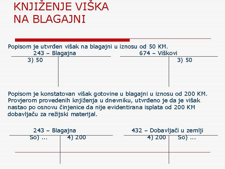 KNJIŽENJE VIŠKA NA BLAGAJNI Popisom je utvrđen višak na blagajni u iznosu od 50