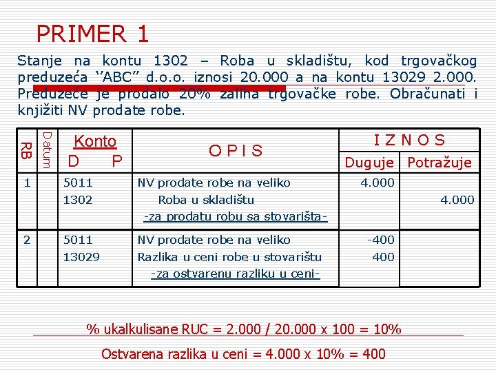 PRIMER 1 Stanje na kontu 1302 – Roba u skladištu, kod trgovačkog preduzeća ‘’ABC’’