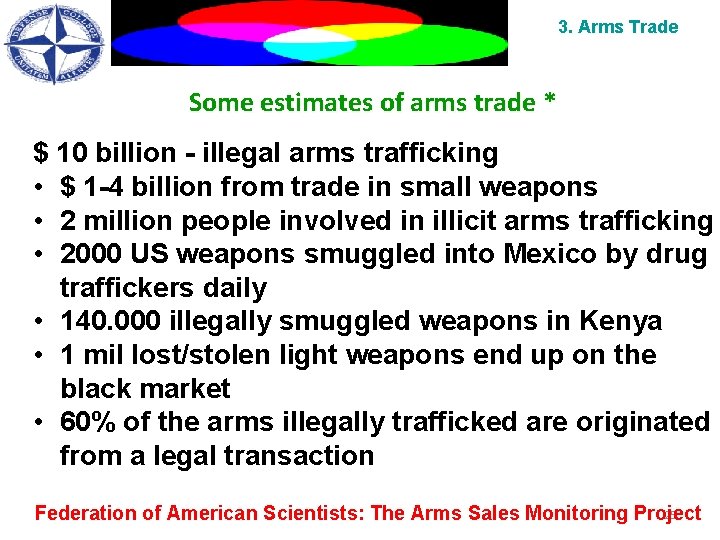 3. Arms Trade Some estimates of arms trade * $ 10 billion - illegal