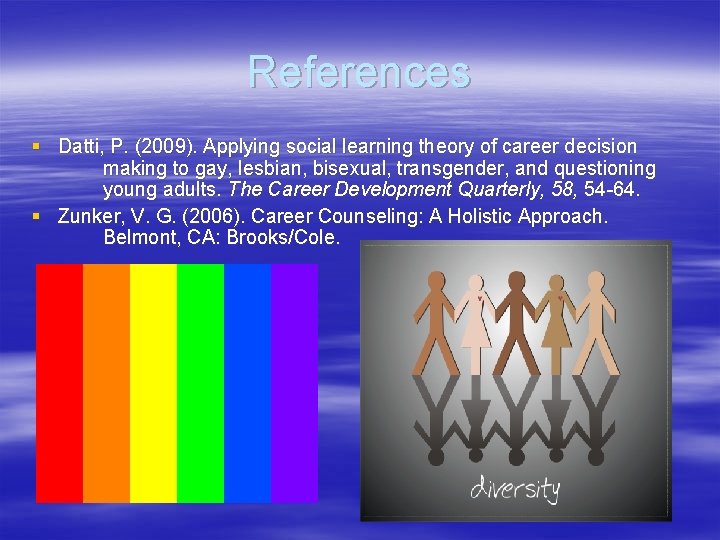 References § Datti, P. (2009). Applying social learning theory of career decision making to