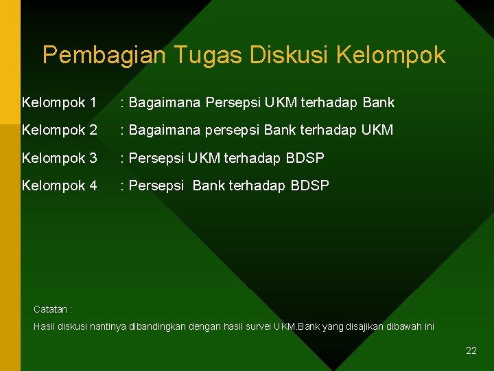 Pembagian Tugas Diskusi Kelompok 1 : Bagaimana Persepsi UKM terhadap Bank Kelompok 2 :