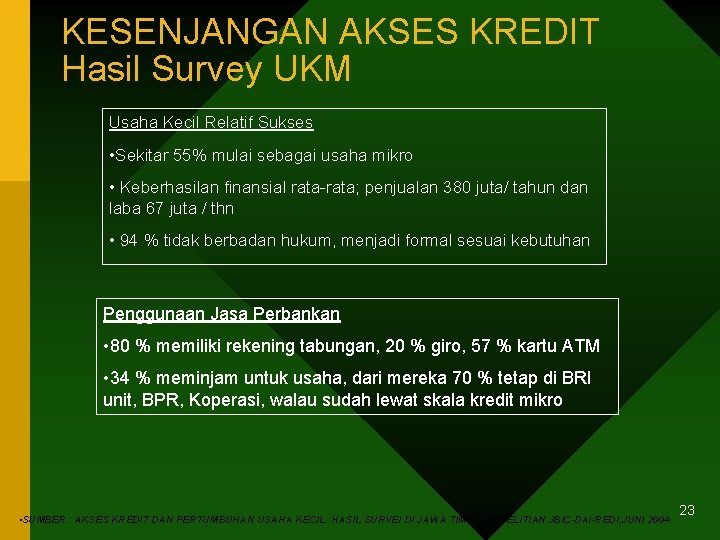 KESENJANGAN AKSES KREDIT Hasil Survey UKM Usaha Kecil Relatif Sukses • Sekitar 55% mulai