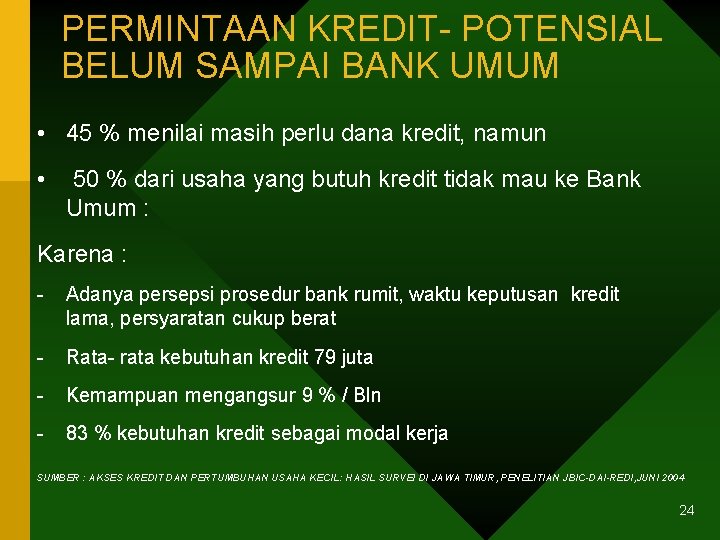 PERMINTAAN KREDIT- POTENSIAL BELUM SAMPAI BANK UMUM • 45 % menilai masih perlu dana