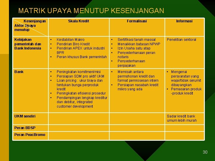 MATRIK UPAYA MENUTUP KESENJANGAN Kesenjangan Aktor Upaya menutup Kebijakan pemerintah dan Bank Indonesia Skala