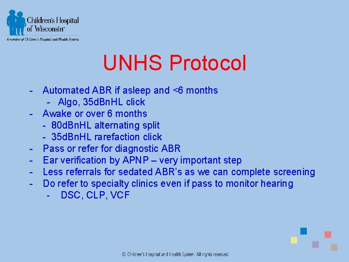 UNHS Protocol - Automated ABR if asleep and <6 months - Algo, 35 d.