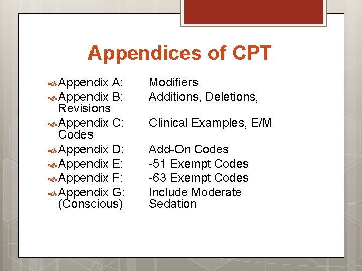 Appendices of CPT Appendix A: Appendix B: Revisions Appendix C: Codes Appendix D: Appendix