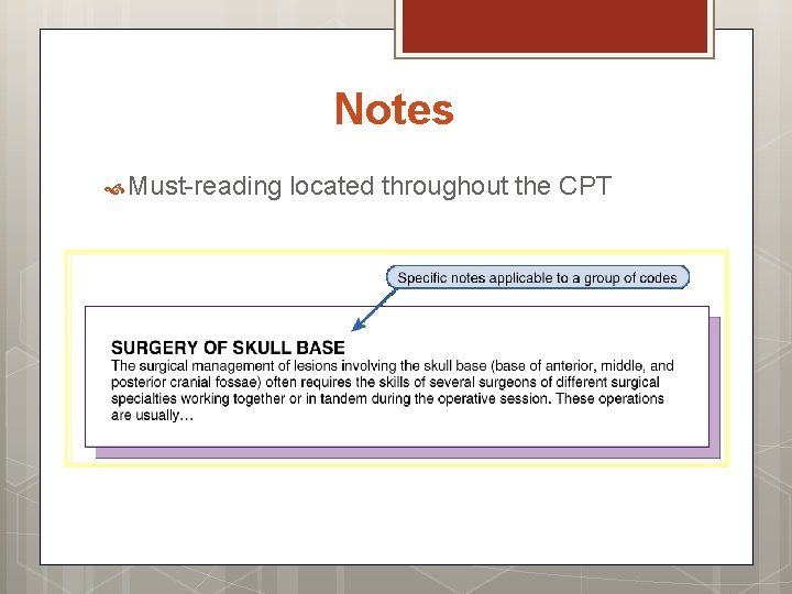 Notes Must-reading located throughout the CPT 