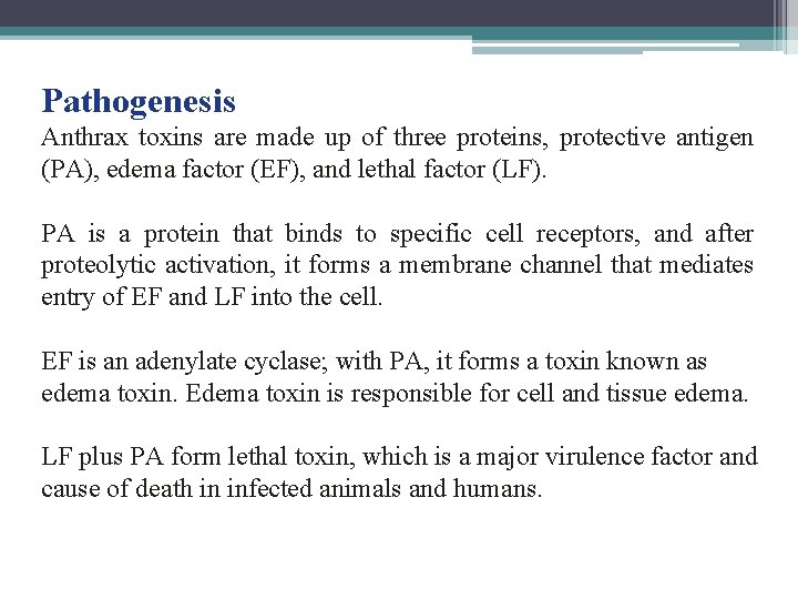 Pathogenesis Anthrax toxins are made up of three proteins, protective antigen (PA), edema factor