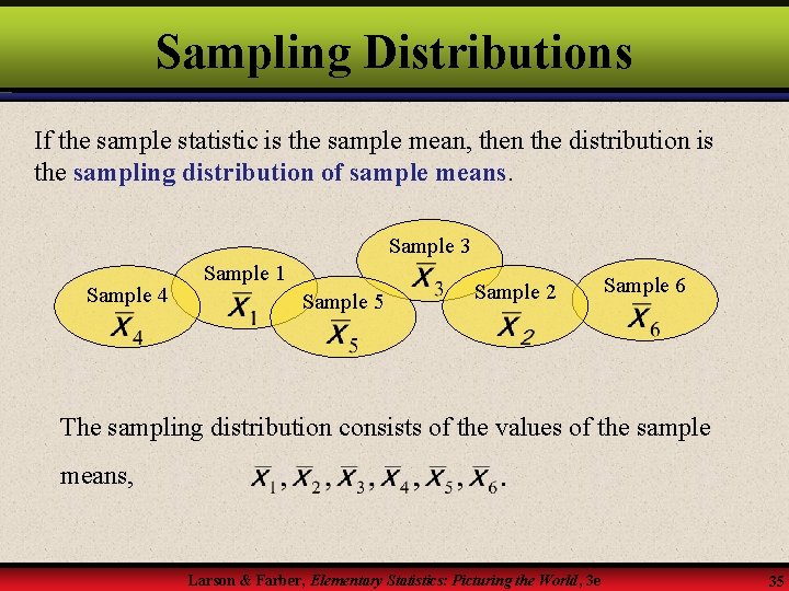Sampling Distributions If the sample statistic is the sample mean, then the distribution is