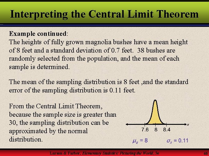 Interpreting the Central Limit Theorem Example continued: The heights of fully grown magnolia bushes