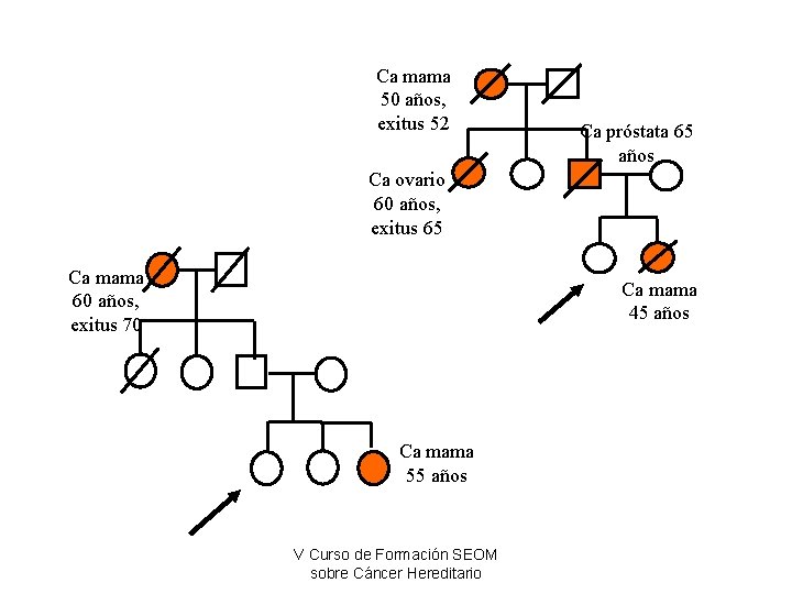 Ca mama 50 años, exitus 52 Ca próstata 65 años Ca ovario 60 años,