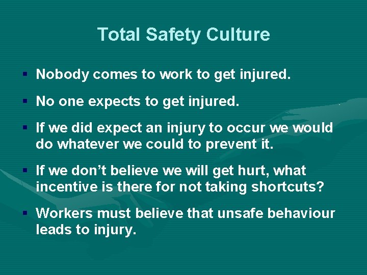 Total Safety Culture § Nobody comes to work to get injured. § No one