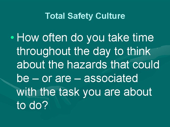 Total Safety Culture • How often do you take time throughout the day to