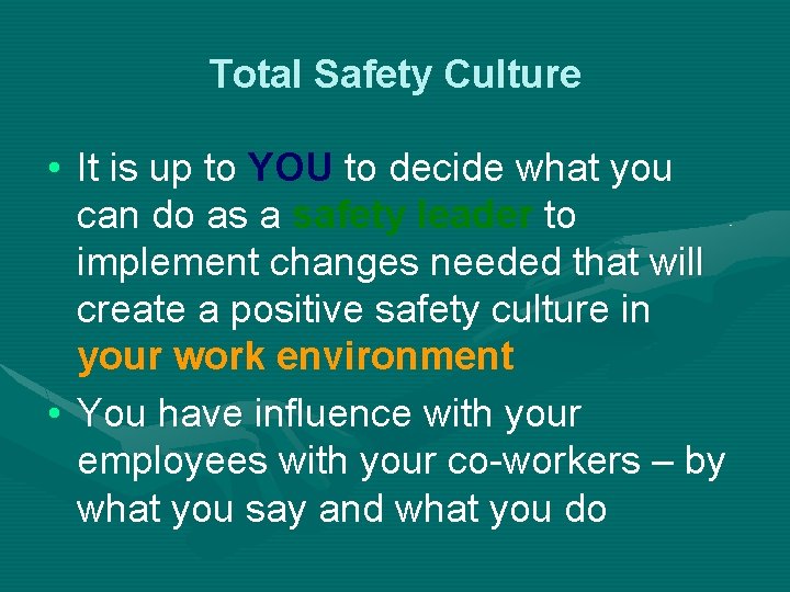 Total Safety Culture • It is up to YOU to decide what you can