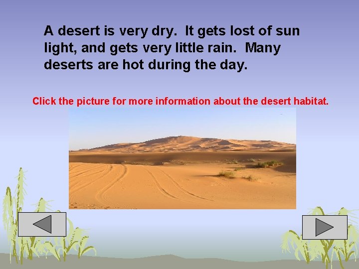 A desert is very dry. It gets lost of sun light, and gets very