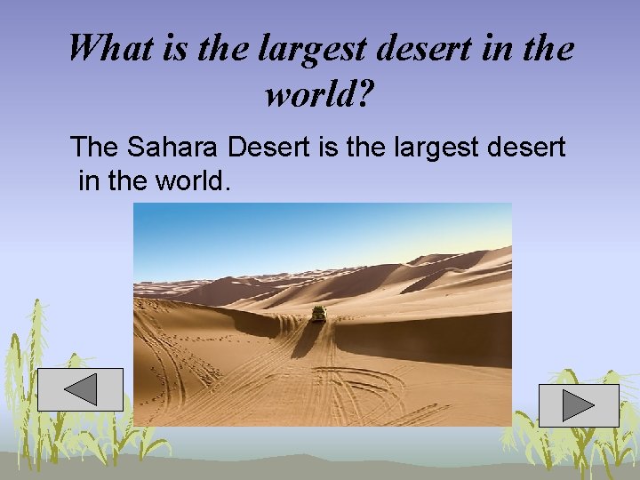 What is the largest desert in the world? The Sahara Desert is the largest