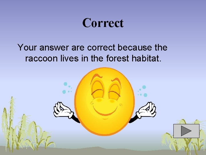Correct Your answer are correct because the raccoon lives in the forest habitat. 