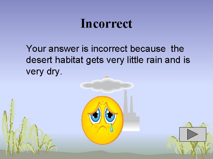 Incorrect Your answer is incorrect because the desert habitat gets very little rain and