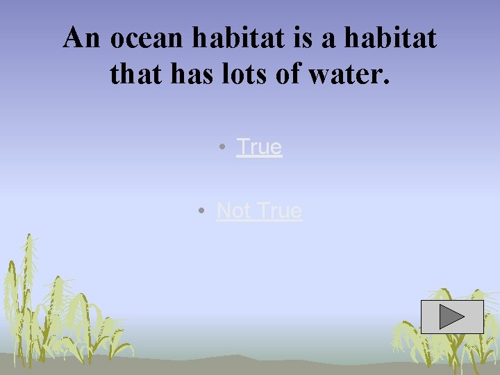An ocean habitat is a habitat that has lots of water. • True •