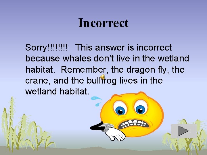 Incorrect Sorry!!!! This answer is incorrect because whales don’t live in the wetland habitat.