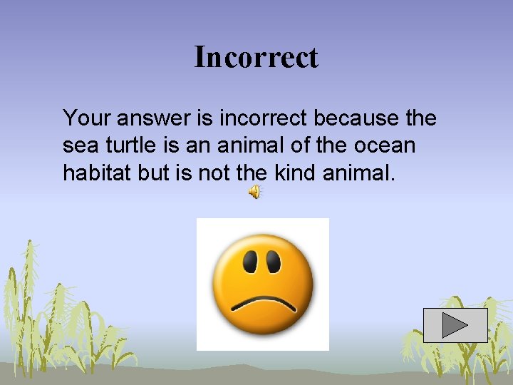 Incorrect Your answer is incorrect because the sea turtle is an animal of the