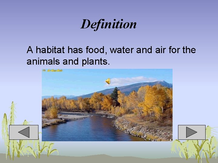 Definition A habitat has food, water and air for the animals and plants. 