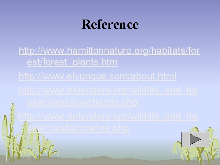 Reference http: //www. hamiltonnature. org/habitats/for est/forest_plants. htm http: //www. elyunque. com/about. html http: //www.