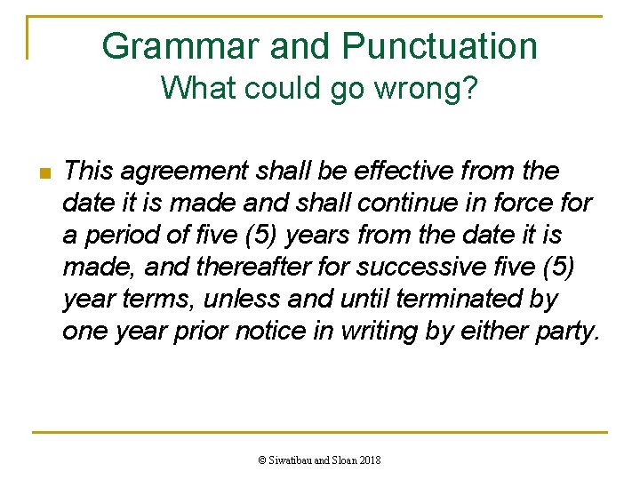 Grammar and Punctuation What could go wrong? n This agreement shall be effective from