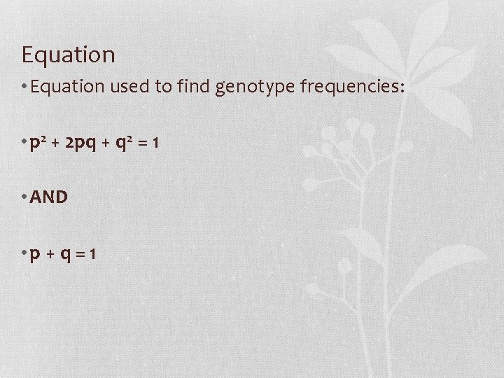 Equation • Equation used to find genotype frequencies: • p 2 + 2 pq