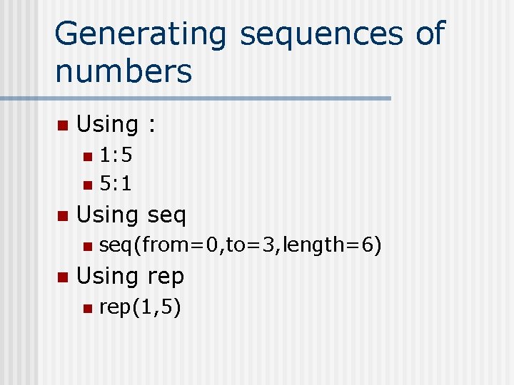 Generating sequences of numbers n Using : 1: 5 n 5: 1 n n