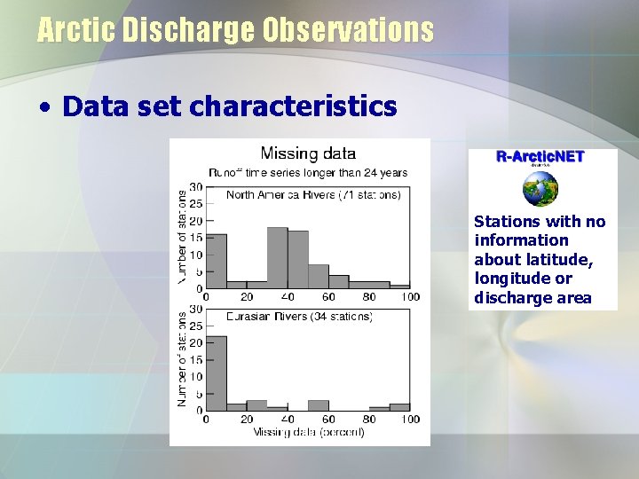 Arctic Discharge Observations • Data set characteristics Stations with no information about latitude, longitude