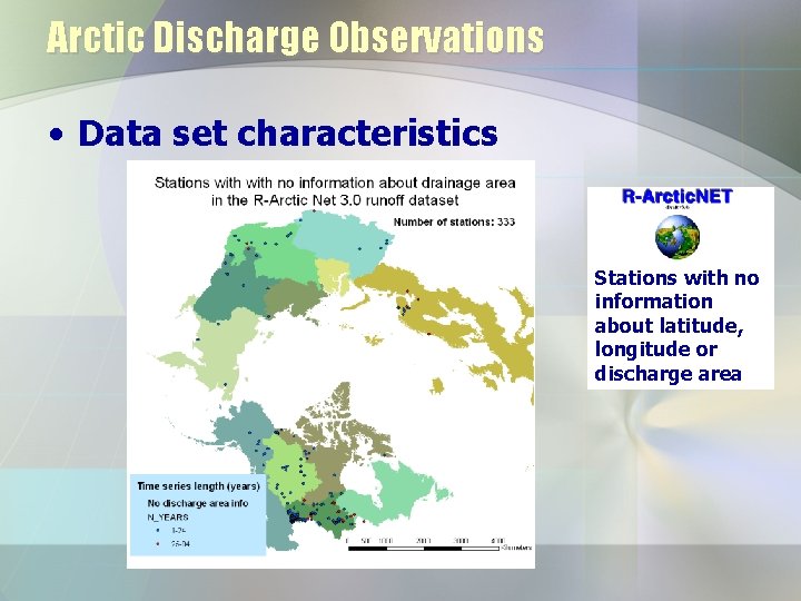 Arctic Discharge Observations • Data set characteristics Stations with no information about latitude, longitude