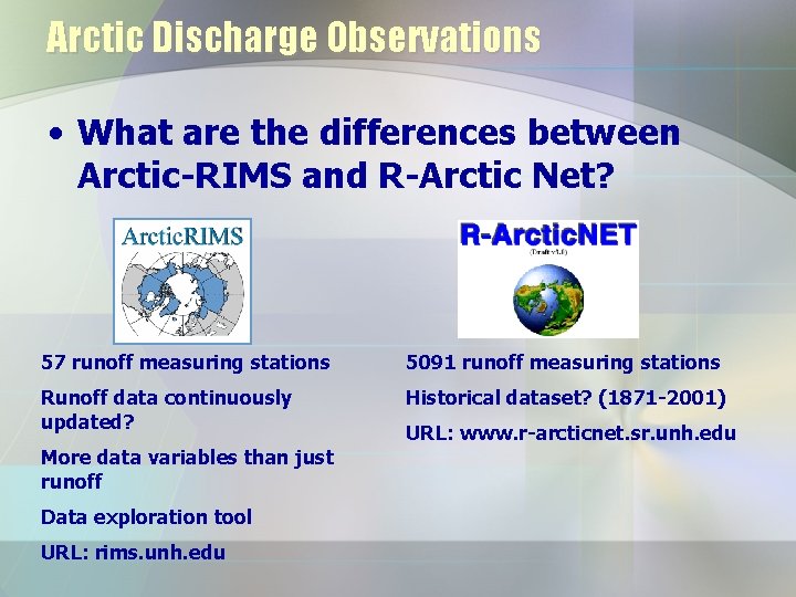 Arctic Discharge Observations • What are the differences between Arctic-RIMS and R-Arctic Net? 57