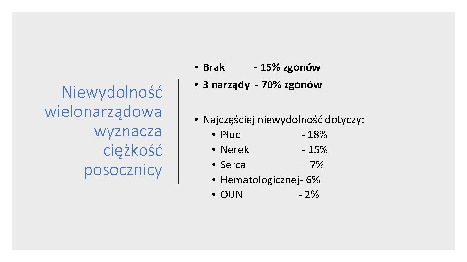 Niewydolność wielonarządowa wyznacza ciężkość posocznicy • Brak - 15% zgonów • 3 narządy -