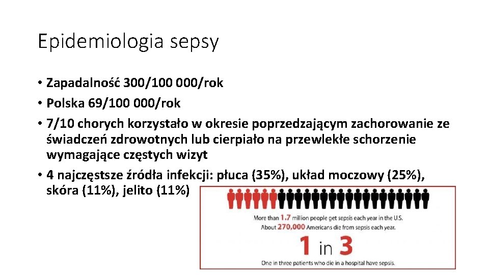 Epidemiologia sepsy • Zapadalność 300/100 000/rok • Polska 69/100 000/rok • 7/10 chorych korzystało