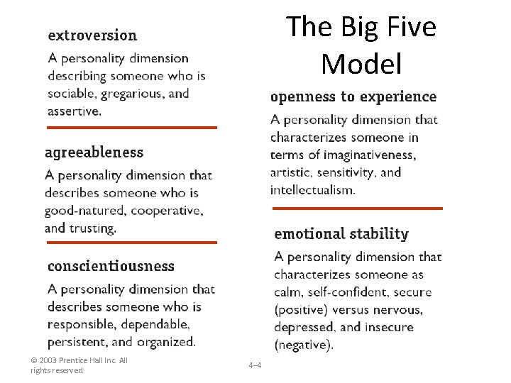 The Big Five Model © 2003 Prentice Hall Inc. All rights reserved. 4– 4