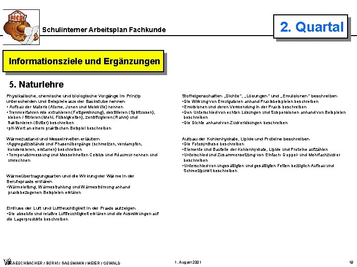 2. Quartal Schulinterner Arbeitsplan Fachkunde Informationsziele und Ergänzungen 5. Naturlehre Physikalische, chemische und biologische